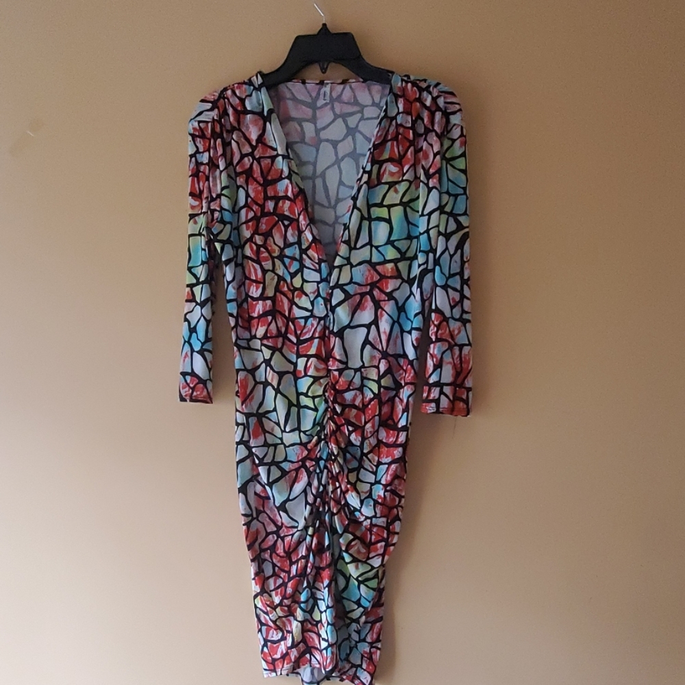 Colorful low cut midi dress.